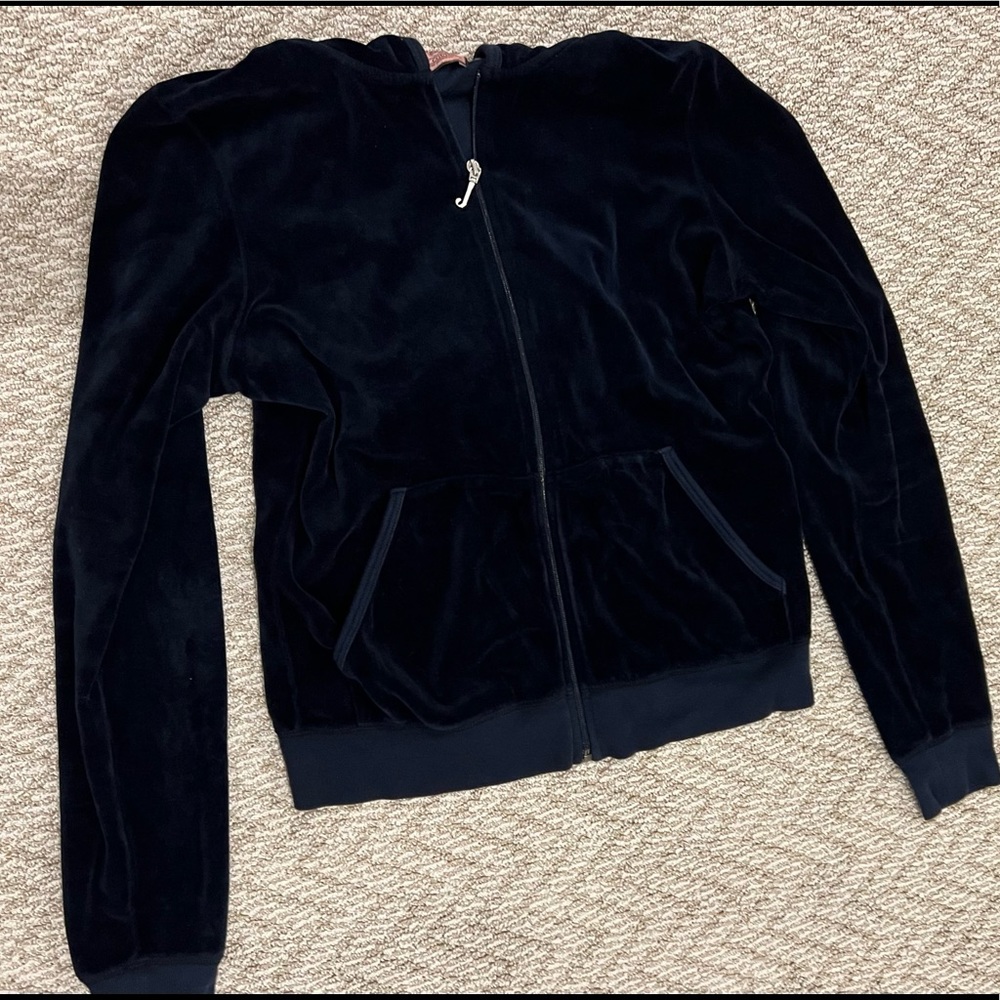 Juicy Couture Regal Velour Plush Navy Blue Zip Up Hoodie